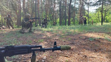 Dans une forêt de Zaporijjia, une unité de la 110e brigade d’infanterie de la défense territoriale s’entraîne au tir. (CAMILLE MAGNARD / RADIO FRANCE)