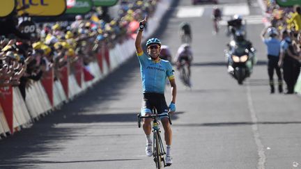 L'Espagnol Omar Fraile remporte la 14e étape du Tour de France, le 21 juillet 2018, à Mende (Lozère). (JEFF PACHOUD / AFP)