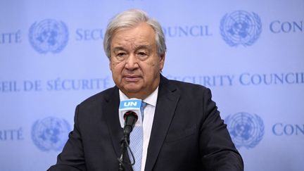 Le secrétaire général de l'ONU, Antonio Guterres, lors d'une conférence de presse au siège des Nations Unies à New York, aux États-Unis, le 16 août 2024. (FATIH AKTAS / ANADOLU / AFP)