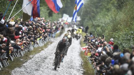 Les coureurs sur les pavés de la 118e édition de Paris-Roubaix, le 3 octobre 2021. (FRANCOIS LO PRESTI / AFP)