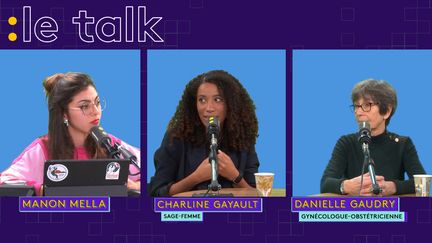 Charline Gayault, youtubeuse et sage-femme libérale, et&nbsp;Danielle Gaudry, gynécologue-obstétrique, invitées du Talk franceinfo sur Twitch, le 28 novembre 2022. (CAPTURE D'ÉCRAN TWITCH)