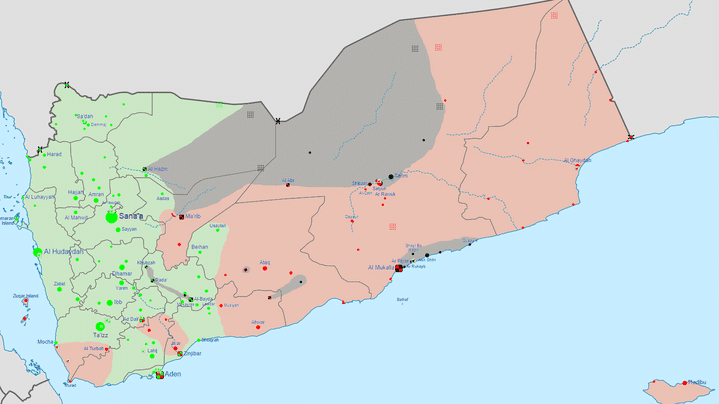 En vert, les zones contr&ocirc;l&eacute;es par les houthis et en rouge, celles contr&ocirc;l&eacute;es par le groupe terroriste Aqpa. (0ALI1 / WIKIMEDIA COMMONS)