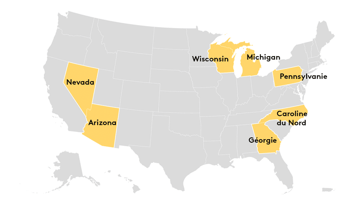 Les sept Etats indécis, baptisés "Swing States", dans l'élection présidentielle américaine du 5 novembre 2024. (FRANCEINFO)