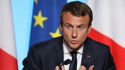 Le président français, Emmanuel Macron, lors d'une réunion de l'UE et de dirigeants africains consacrée aux questions migratoires, le 28 août 2017 à l'Elysée. (LUDOVIC MARIN / AFP)