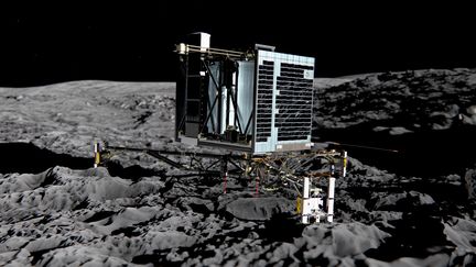 Illustration du robot Philae sur la surface de la com&egrave;te "Tchouri". (MEDIALIAB / ESA / AFP)