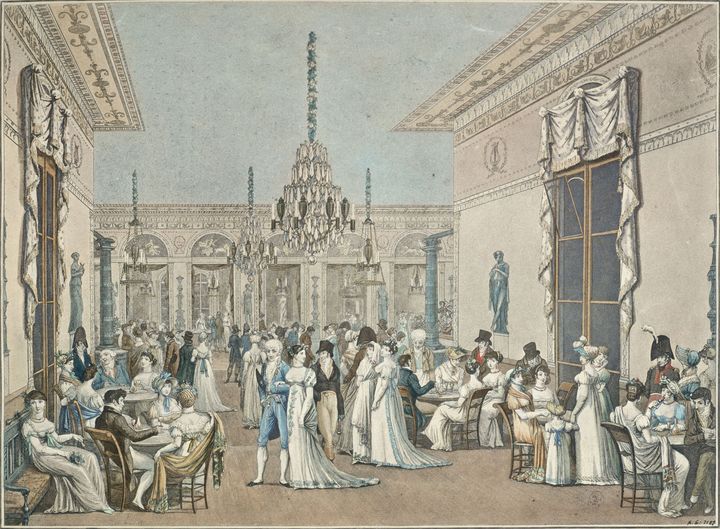 Le Café Frascati, angle boulevard Montmartre et rue de Richelieu, 2e et 9e arrondissements, Paris, 1807. Estampe de Philibert-Louis Debucourt (1755-1832). (PARIS MUSEES - MUSEE CARNAVALET)