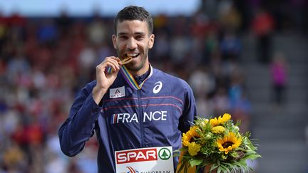 Mahiedine Mekhissi-Benabbad m&eacute;daill&eacute; d'or du 1 500 m aux championnats d'Europe d'athl&eacute;tisme de Zurich le 17 ao&ucirc;t 2014 (JULIEN CROSNIER / DPPI MEDIA / AFP)