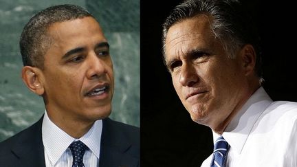 Le pr&eacute;sident-candidat d&eacute;mocrate Barack Obama et le candidat r&eacute;publicain Mitt Romney participent au premier d&eacute;bat t&eacute;l&eacute; de la pr&eacute;sidentielle am&eacute;ricaine, le 3 octobre 2012. (REUTERS / SIPA)