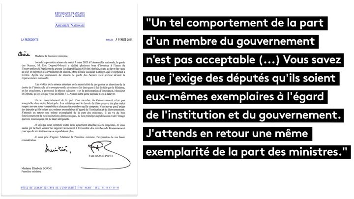 Le courrier adressé par Yaël Braun-Pivet à Elisabeth Borne. (DOCUMENT FRANCEINFO)