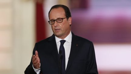 La conf&eacute;rence de presse de rentr&eacute;e de Fran&ccedil;ois Hollande, le 18 septembre 2014 &agrave; l'Elys&eacute;e. (PATRICK KOVARIK / AFP)