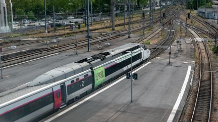 Un TGV attend en gare de Nantes, le 21 mai 2023. (VALERIE DUBOIS / HANS LUCAS / AFP)