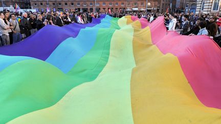 Des partisans du mariage pour tous ont d&eacute;ploy&eacute; une gigantesque banni&egrave;re arc-en-ciel, place du Capitole, &agrave; Toulouse. (ERIC CABANIS / AFP)