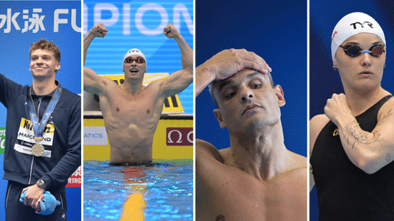 Léon Marchand, Maxime Grousset, Florent Manaudou et Mélanie Henique, à Fukuoka (Japon), lors des Mondiaux. (AFP)