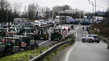 Des tracteurs bloquent l'autoroute à hauteur de la commune de Chilly-Mazarin, dans l'Essonne, le 31 janvier 2024. (MAGALI COHEN / HANS LUCAS / AFP)