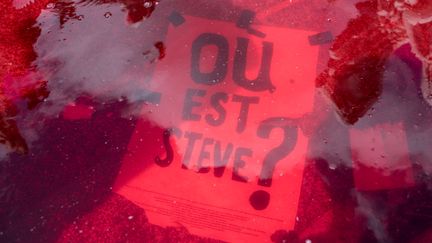 Une affiche "Où est Steve?", dans la fontaine de la place Royale de Nantes, le 30 juillet 2019.&nbsp; (J?R?MIE LUSSEAU / HANS LUCAS)