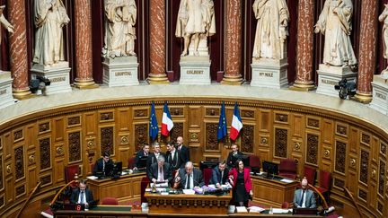 Le président du Sénat, Gérard Larcher, lors des questions au gouvernement, le 1er mars 2023. (XOSE BOUZAS / HANS LUCAS / AFP)