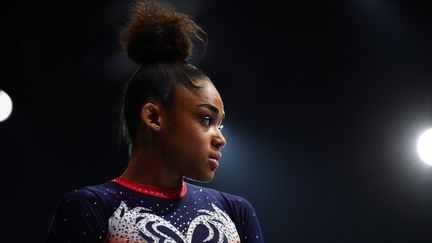 Mélanie De Jesus dos Santos aux championnats d'Europe de gymnastique, le 21 avril 2021. (FABRICE COFFRINI / AFP)