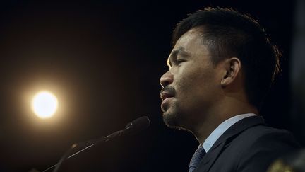 La star de la boxe Manny Pacquiao lors d'une conférence à New York, le 21 mai 2019.&nbsp; (ANDRES KUDACKI/AP / SIPA / AP)