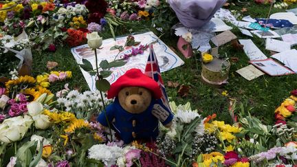 Une peluche de l'ours Paddington au milieu des fleurs et des cartes en hommage à Elizabeth II, à Green Park à Londres, le 10 septembre 2022. (WIKTOR SZYMANOWICZ / ANADOLU AGENCY)