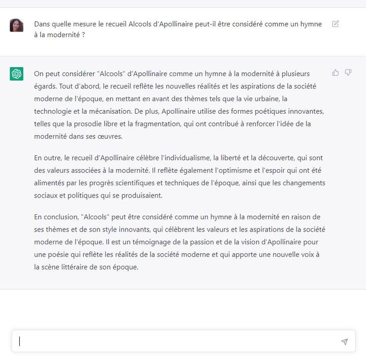 Un exemple de réponse composée par ChatGPT à une question type bac qui porte sur un recueil d'Apollinaire. (CAPTURE D'ECRAN / FRANCEINFO)