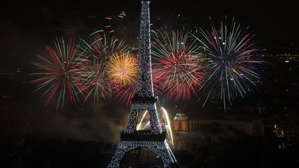 Le traditionnel feu d'artifice du 14-Juillet rend hommage &agrave; Nelson Mandela en illuminant la Tour Eiffel aux couleurs du drapeau sud-africain, Paris, le 14 juillet 2013. (FRED DUFOUR / AFP)