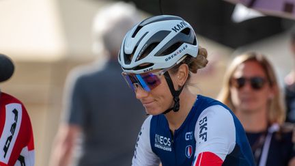 La Française Pauline Ferrand-Prévôt lors des Championnats du monde de VTT, le 30 août 2024. (MARTIN SILVA COSENTINO / AFP)