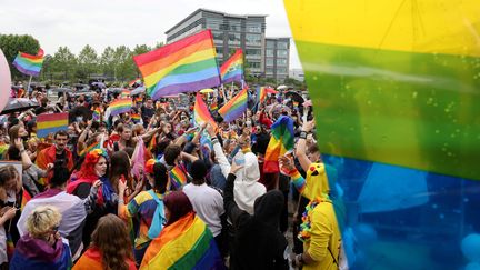 Plusieurs milliers de personnes ont défilé samedi 26 juin entre Pantin, et la place de la République, à Paris,&nbsp;lors de la marche des fiertés. Ils demandent notamment l'ouverture de la PMA aux personnes transgenres. (DELPHINE GOLDSZTEJN / MAXPPP)