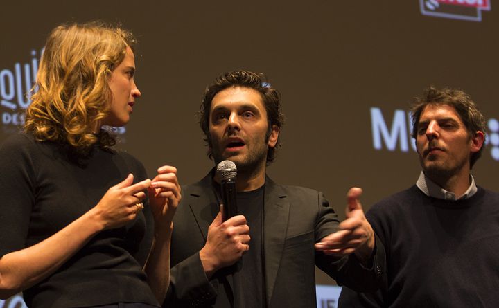 Adèle Haenel, Pio Marmaï et Damien Bonnard lors de la séance de questions/réponses après la projection à la Quinzaine des Réalisateurs le 14 mai 2018
