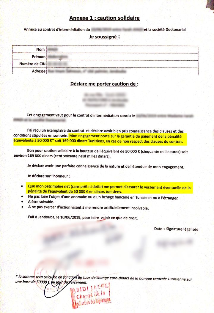 Contrat tunisien avec Doctonarial : une caution solidaire de 50 000&nbsp;euros est demandée aux parents des dentistes. (DOCUMENT CONFIDENTIEL CELLULE INVESTIGATION DE RADIO FRANCE / LAETITIA CHEREL)