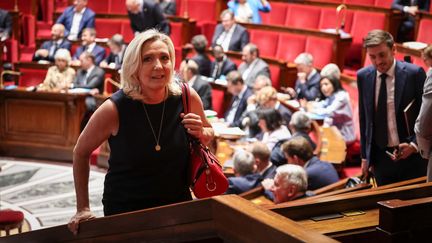 Marine Le Pen lors de la séance de questions au gouvernement à l'Assemblée nationale, le 18 juillet 2023. (FRED DUGIT / MAXPPP)