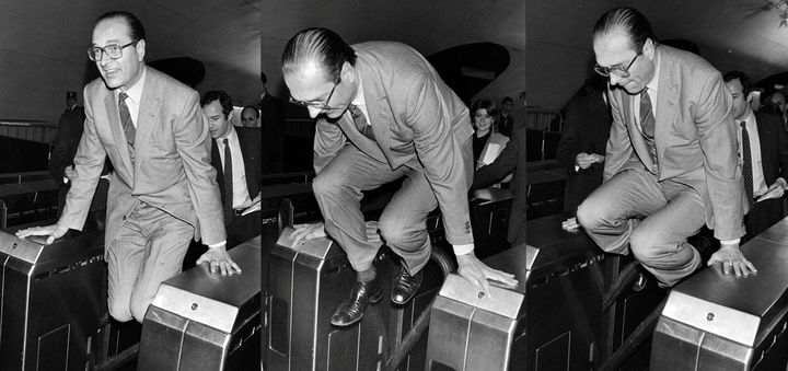 La photo du milieu, où Jacques Chirac bondit au-dessus du métro parisien (5 décembre 1980, RER Auber) a été vendue&nbsp;&nbsp;6.500 euros aux enchères de l'AFP. (JEAN-CLAUDE DELMAS / AFP)