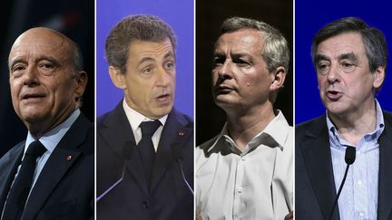 De gauche &agrave; droite : Alain Jupp&eacute;, maire (LR) de Bordeaux, Nicolas Sarkozy, pr&eacute;sident du parti Les R&eacute;publicains, Bruno Le Maire, d&eacute;put&eacute; (LR)&nbsp;de l'Eure, et Fran&ccedil;ois Fillon, d&eacute;put&eacute; (LR) de Paris. (AFP)