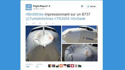 Un tweet extrait du compte Twitter de Flight-Report, montrant les d&eacute;g&acirc;ts subis par un avion de la Turkish Airlines qui a pr&eacute;cut&eacute; un ou des oiseaux, le 5 mai 2015. (FLIGHT-REPORT)