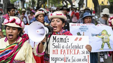 Des manifestantes issues des communautés indigènes défilent dans les rues de Lima pour réclamer la démission de la présidente du Pérou, Dina Boluarte, le 8 mars 2023. (ERNESTO BENAVIDES / AFP)
