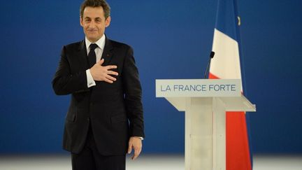 Nicolas Sarkozy lors de son meeting &agrave; Villepinte (Seine-Saint-Denis) le 11 mars 2012. (ERIC FEFERBERG / AFP)