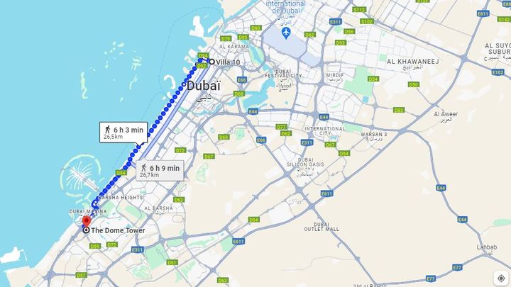 Mon trajet de 26 km entre deux rendez-vous à Dubaï à la COP28. (GOOGLE MAPS)