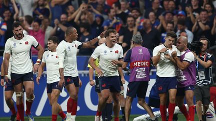 Damian Penaud célèbre son essai lors du match d'ouverture de la Coupe du monde face à la Nouvelle-Zélande, au Stade de France, le 8 septembre 2023. (FRANCK FIFE / AFP)