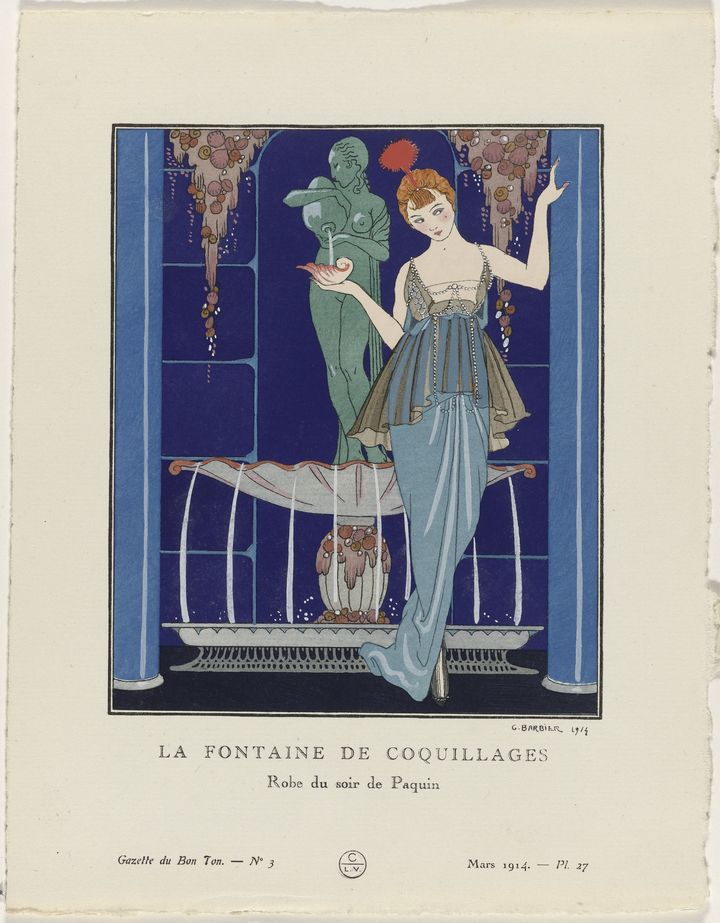 George Barbier, "La Fontaine de coquillages. Robe du soir de Paquin", Gazette du Bon Ton, n° 3, planche 27, 1914. (GEORGE BARBIER)