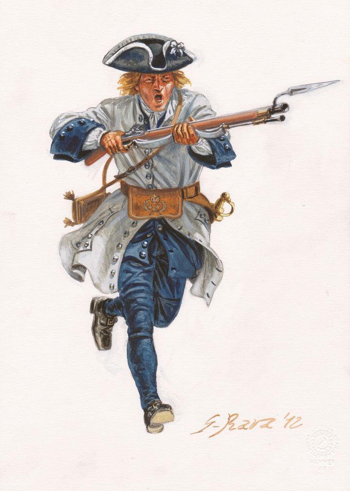 Soldat français lors de la bataille de Denain, remportée le 24 juillet 1712 par le maréchal français&nbsp;Claude-Louis-Hector de Villars sur le prince Eugene de Savoie, commandant les troupes austro-hollandaises.&nbsp; (AFP -  Illustration de Giuseppe Rava ?Rava/Leemage)