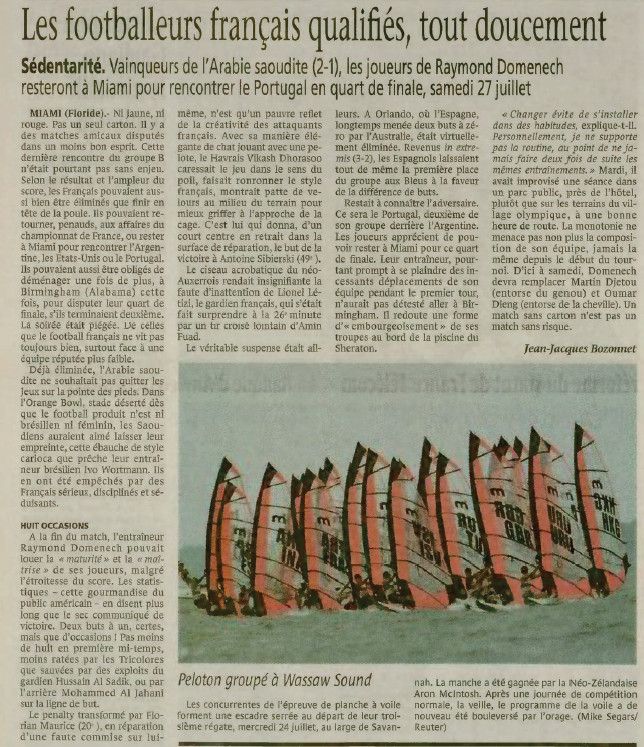 Le Monde revient sur la qualification de l'équipe olympique de football, le 26 juillet 1996. (Archive, Le Monde, 26 juillet 1996)