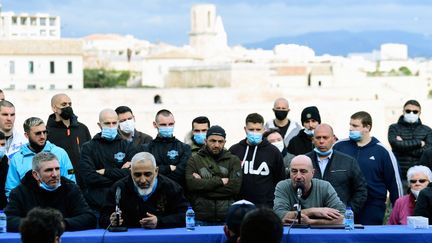 Les associations de supporters de l'OM ont réclamé le départ du président du club, Jacques-Henri Eyraud, dans une conférence de presse.  (NICOLAS TUCAT / AFP)