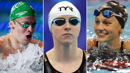 De gauche à droite : Léon Marchand, Katie Ledecky et Summer McIntosh, trois des principaux nageurs attendus aux Mondiaux. (AFP)