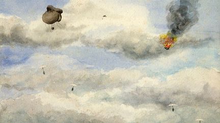 Les ballons captifs d'observation anglais ont été la cible de l'aviation allemande dès 1915. Les attaques étaient réalisées avec des balles incendiaires tirées à la mitrailleuse. Cela laissait peu de chances de survie aux occupants chargés de recueillir de précieuses informations sur l'ennemi. Il a donc été décidé que chaque observateur serait pourvu d'un parachute.  (JM&#039;s WWI Sketchbooks, 1917-1918 - University of Victoria Libraries’ Special Collections, World War I Sketchbooks, SC325, Acc. No.: 1997-012 )