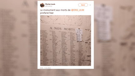 Capture d'écran d'un tweet montrant les tags sur le monument aux morts de l'ENS.&nbsp; (TWITTER / FLORIAN LOUIS)