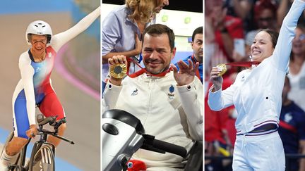 Marie Patouillet (cyclisme sur piste), Tanguy de La Forest (tir) et Emeline Pierre (natation) médaillés d'or lors des Jeux Paralympiques de Paris 2024, le 1er septembre 2024. (AFP / MAXPPP)