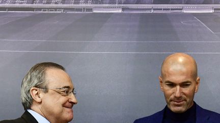 Florentino Perez lors de l'annonce du départ de Zinédine Zidane. (PIERRE-PHILIPPE MARCOU / AFP)