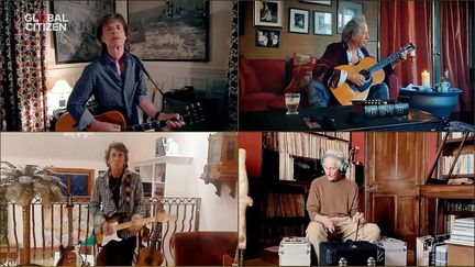 Les Rolling Stones,&nbsp;Mick Jagger, Keith Richards, Ronnie Wood et Charlie Watts, jouent "You can't always get what you want" pour le concert virtuel "One World: Together At Home", le 18 avril 2020.&nbsp; (GETTY IMAGES / GETTY IMAGES NORTH AMERICA)