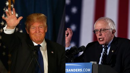 Donald Trump (à gauche) et Bernie Sanders (à droite) celèbrent leurs victoires lors des primaires dans le New Hampshire (Etats-Unis), le 9 février 2016. (AFP)