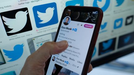 Le profil Twitter d'Elon Musk et le logo du réseau social, le 20 avril 2023 à Los Angeles (Californie). (CHRIS DELMAS / AFP)