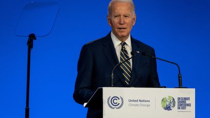 Le président américain, Joe Biden, au sommet pour le climat de la COP26 à Glasgow (Ecosse), le 1er novembre 2021. (PIERRE LARRIEU / HANS LUCAS / AFP)